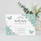 Turquoise Green Floral 15 Quinceañera Butterflies 出欠カード (スタンド正面)