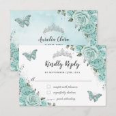 Turquoise Green Floral 15 Quinceañera Butterflies 出欠カード (正面/裏面)