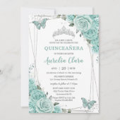 Turquoise Green Floral Butterflies Quinceanera 15  招待状 (正面)