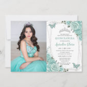 Turquoise Green Floral Butterflies Quinceanera 15  招待状 (正面)
