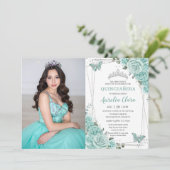 Turquoise Green Floral Butterflies Quinceanera 15  招待状 (スタンド正面)