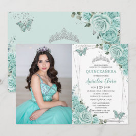 Turquoise Green Floral Butterflies Quinceanera 15  招待状
