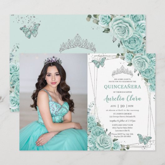 Turquoise Green Floral Butterflies Quinceanera 15  招待状 (正面/裏面)