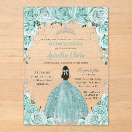 Turquoise Green Floral Princess Silver Quinceañera アクリル招待状