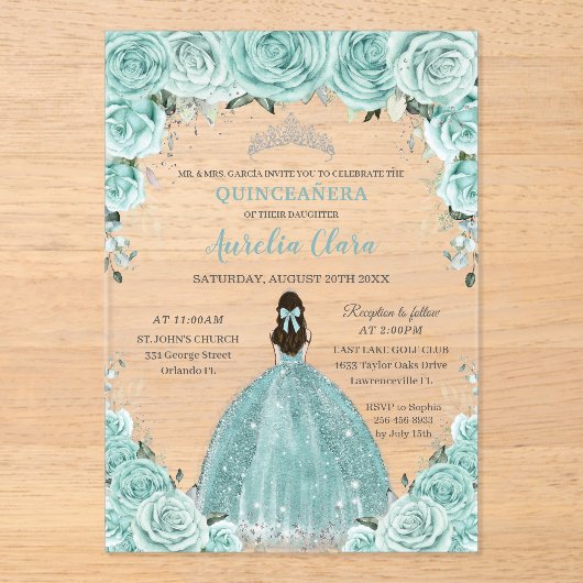 Turquoise Green Floral Princess Silver Quinceañera アクリル招待状 (正面)