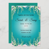 Turquoise Green Floral Wedding Invitation | Elegan 招待状 (正面/裏面)