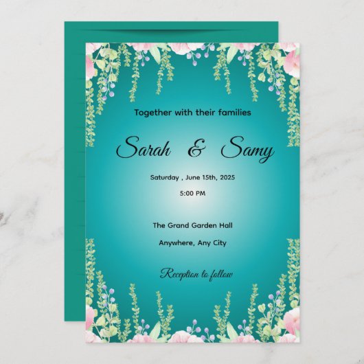 Turquoise Green Floral Wedding Invitation | Elegan 招待状 (正面/裏面)