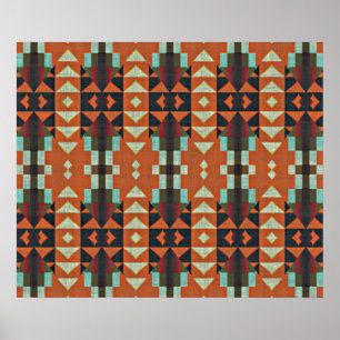 Turquoise Green Orange Red Ethnic Tribal Mosaic ポスター