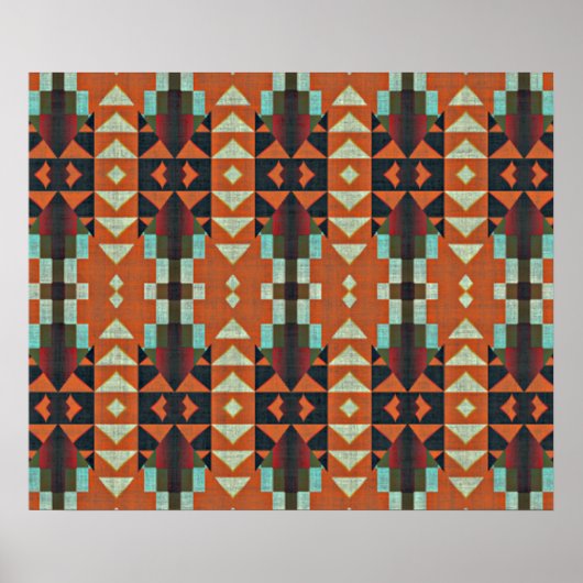 Turquoise Green Orange Red Ethnic Tribal Mosaic ポスター (正面)
