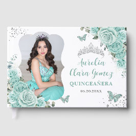 Turquoise Green Roses Floral QUINCEAÑERA 16 Photo ゲストブック