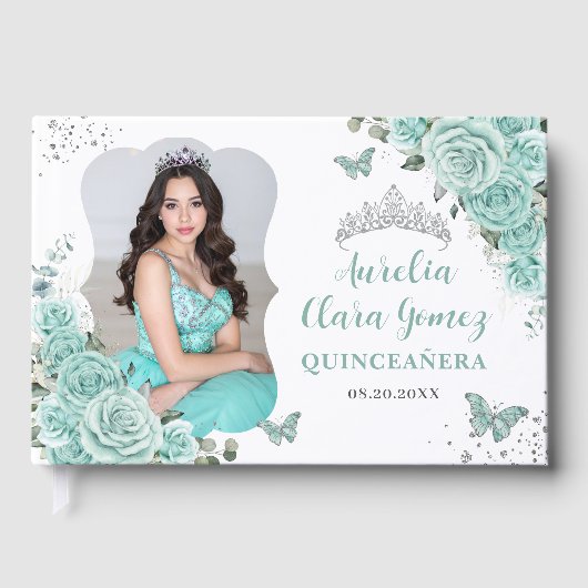 Turquoise Green Roses Floral QUINCEAÑERA 16 Photo ゲストブック (正面)