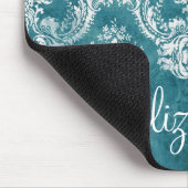 Turquoise Grungy Damask Pattern Custom Text マウスパッド (コーナー)