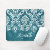Turquoise Grungy Damask Pattern Custom Text マウスパッド (マウス)