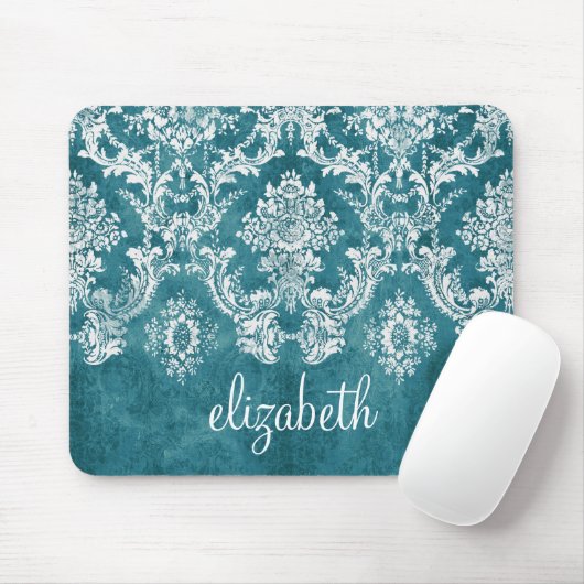 Turquoise Grungy Damask Pattern Custom Text マウスパッド (マウス)