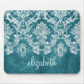 Turquoise Grungy Damask Pattern Custom Text マウスパッド (正面)