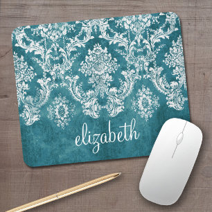 Turquoise Grungy Damask Pattern Custom Text マウスパッド