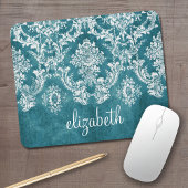 Turquoise Grungy Damask Pattern Custom Text マウスパッド