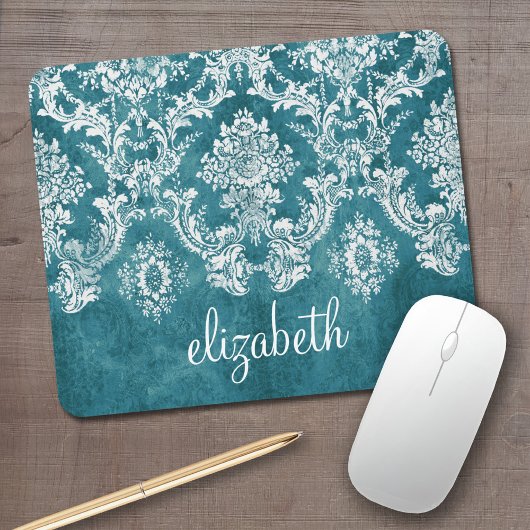 Turquoise Grungy Damask Pattern Custom Text マウスパッド