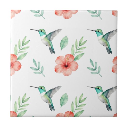 Turquoise Hummingbird Hibiscus Pattern タイル (正面)
