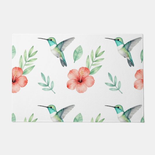 Turquoise Hummingbird Hibiscus Pattern ドアマット (正面)