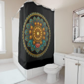 Turquoise Lotus Mandala Art | Black Boho Graphic シャワーカーテン (インサイチュ)