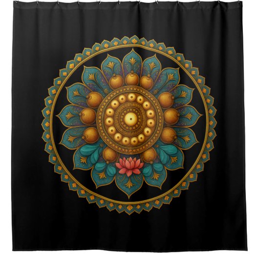 Turquoise Lotus Mandala Art | Black Boho Graphic シャワーカーテン (正面)