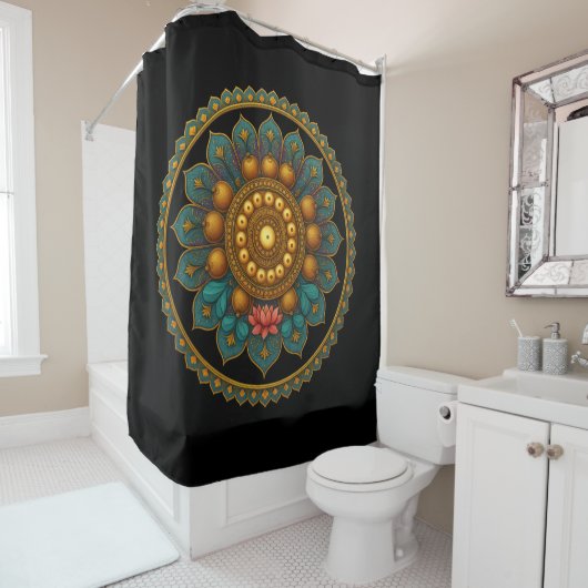 Turquoise Lotus Mandala - Black Boho Graphic Art シャワーカーテン (インサイチュ)