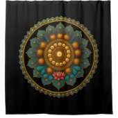 Turquoise Lotus Mandala - Black Boho Graphic Art シャワーカーテン (正面)