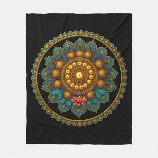 Turquoise Lotus Mandala - Black Boho Graphic Art フリースブランケット (正面)