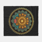 Turquoise Lotus Mandala - Black Boho Graphic Art フリースブランケット (正面(横))
