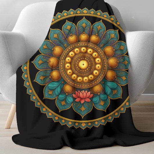 Turquoise Lotus Mandala - Black Boho Graphic Art フリースブランケット