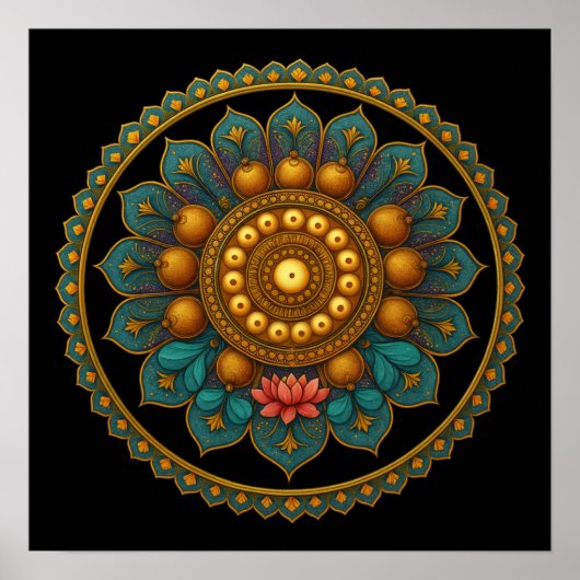 Turquoise Lotus Mandala - Black Boho Graphic Art ポスター (正面)