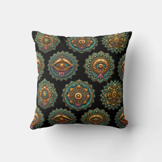 Turquoise Lotus Mandala - Reversible Black Boho クッション (裏面)