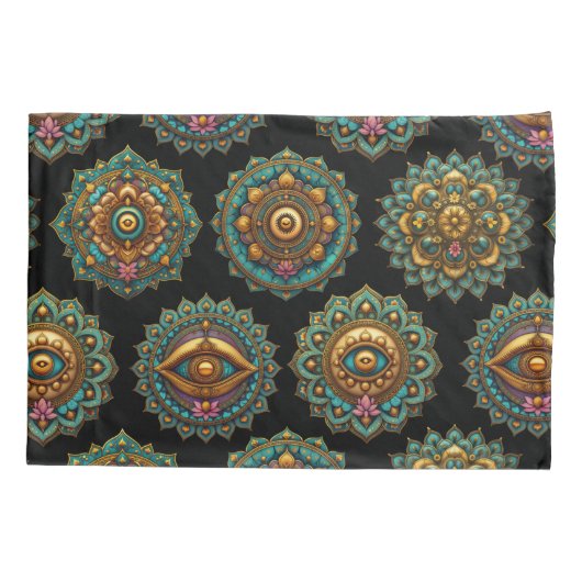 Turquoise Lotus Mandala - Reversible Black Boho 枕カバー (裏面)