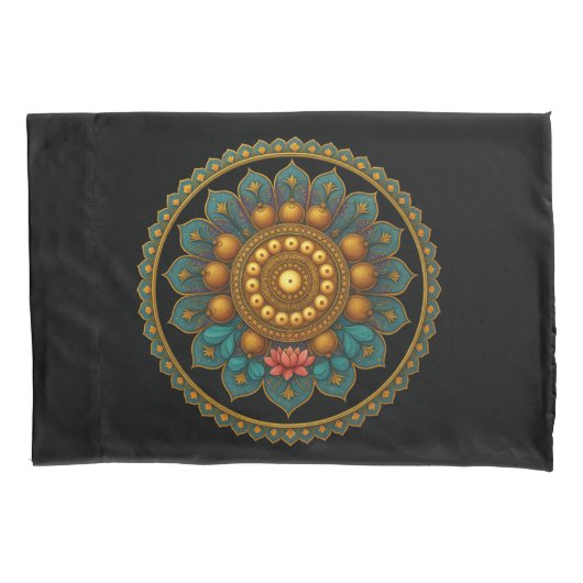 Turquoise Lotus Mandala - Reversible Black Boho 枕カバー (正面)