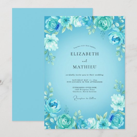 Turquoise Luminous Spring Wedding 招待状 (正面/裏面)