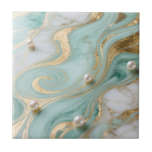 Turquoise Marble Pearl Gold Swirl タイル (正面)
