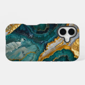 Turquoise marbling with gold iPhone 16ケース (裏面横)