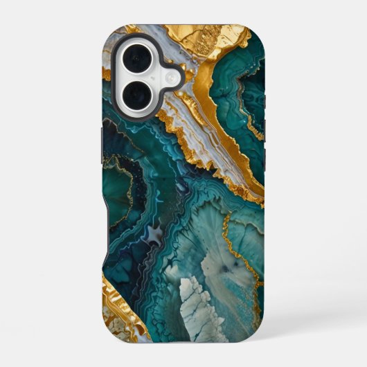 Turquoise marbling with gold iPhone 16ケース (裏面)