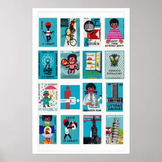 Turquoise Matchbox Labels Grid, Vintage Ephemera ポスター (正面)