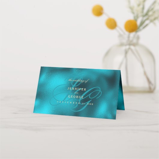 Turquoise metallic monogram initials wedding プレイスカード (裏面)