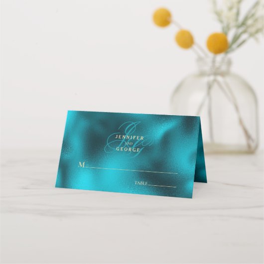 Turquoise metallic monogram initials wedding プレイスカード (正面)