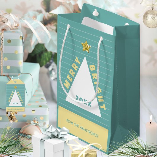 Turquoise Minimalist Christmas Tree Name スモールペーパーバッグ