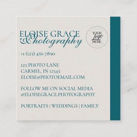 Turquoise Modern Photography 3 Photo Square スクエア名刺 (裏面)