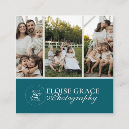 Turquoise Modern Photography 3 Photo Square スクエア名刺 (正面)
