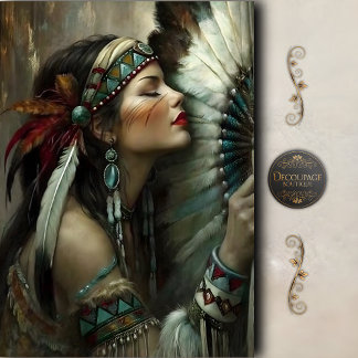 Turquoise Native Woman Fan Decoupage 薄葉紙