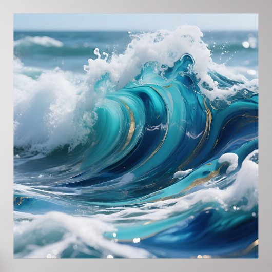 Turquoise Ocean Wave Golden Swirl ポスター (正面)