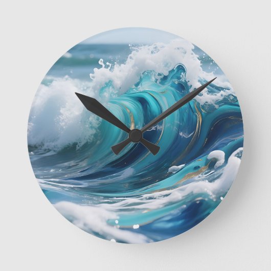 Turquoise Ocean Wave Golden Swirl ラウンド壁時計 (正面)