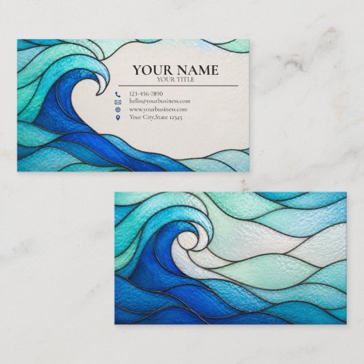 Turquoise Ocean Wave Stained Glass Business Card 名刺 (正面/裏面)