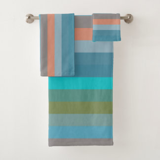 Turquoise, Olive, Coral, Blue, Taupe Stripes バスタオルセット